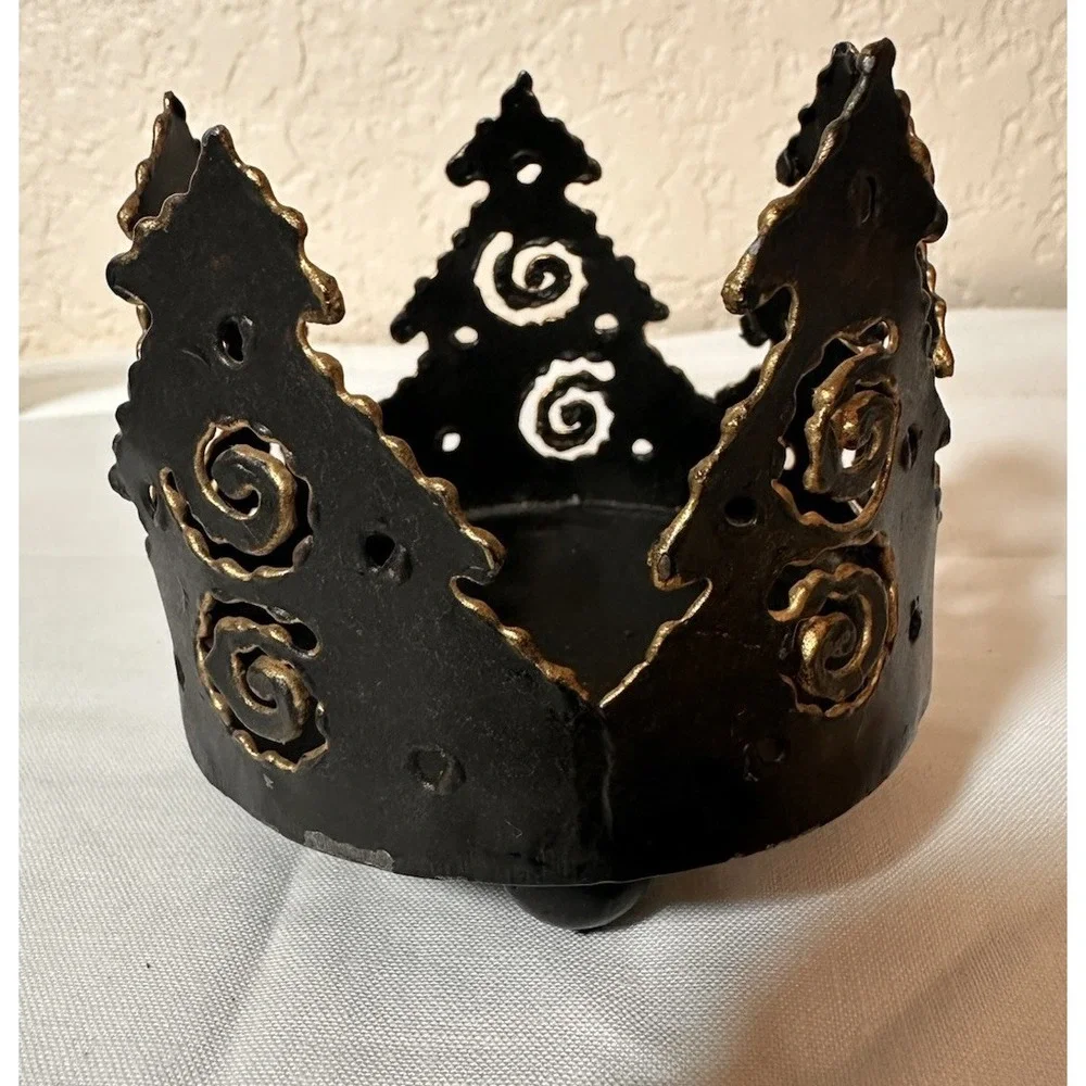 Pier 1 Imports Forged Metal Pine Tree Footed Rustic Candle‎ Holder Gold Accents